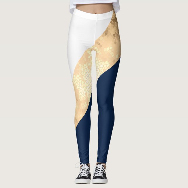 Leggings or élégant de faux, bleu marine, rayures blanches (Devant)
