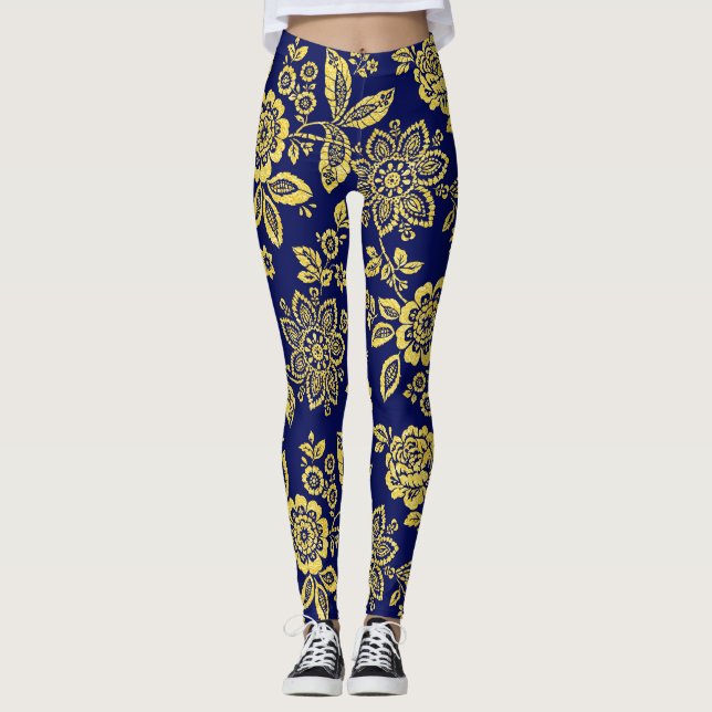 Leggings Or et marine, Stylisé Stylisé Crayon Floral (Devant)