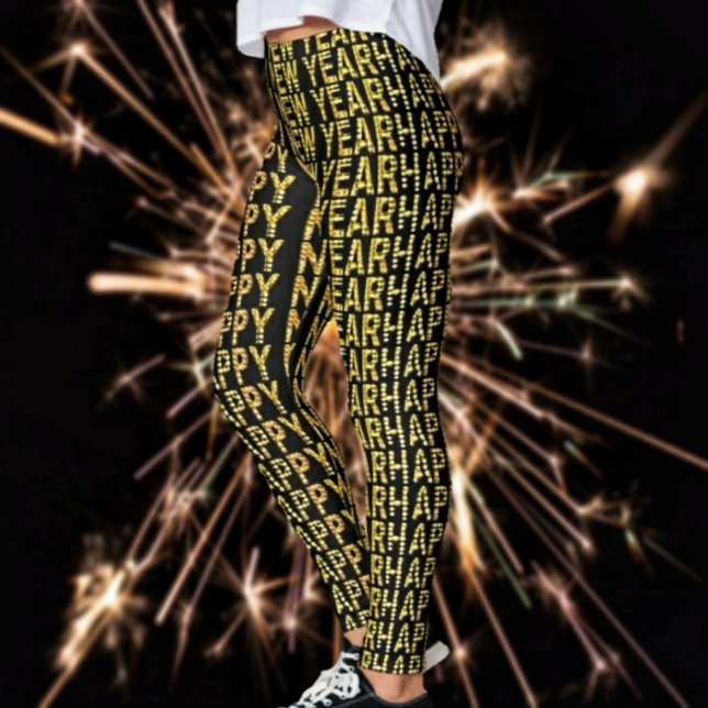 Leggings Or jaune HNY (These HNY Yellow-Gld Leggings in black, boldly, welcomes in the New Year, with glamour!)