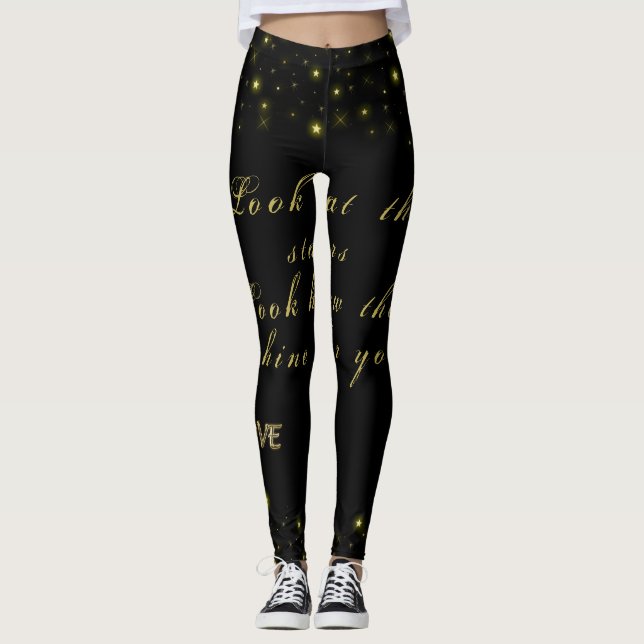 Leggings Or personnalisé et étoiles brillantes sur noir (Devant)