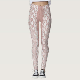 Leggings Or rose métallique, texture dentelle blanc cassé.