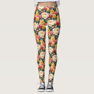 Leggings Or rouge et florale d'ivoire