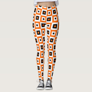 Leggings Orange Black White Checkered Squares Pattern