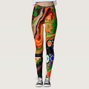 Leggings Orange, Bleu, Vert, Black Digital Fluid Art