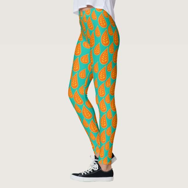 Leggings Orange Et Tel-Vert Résumé Feuilles Motif (Gauche)