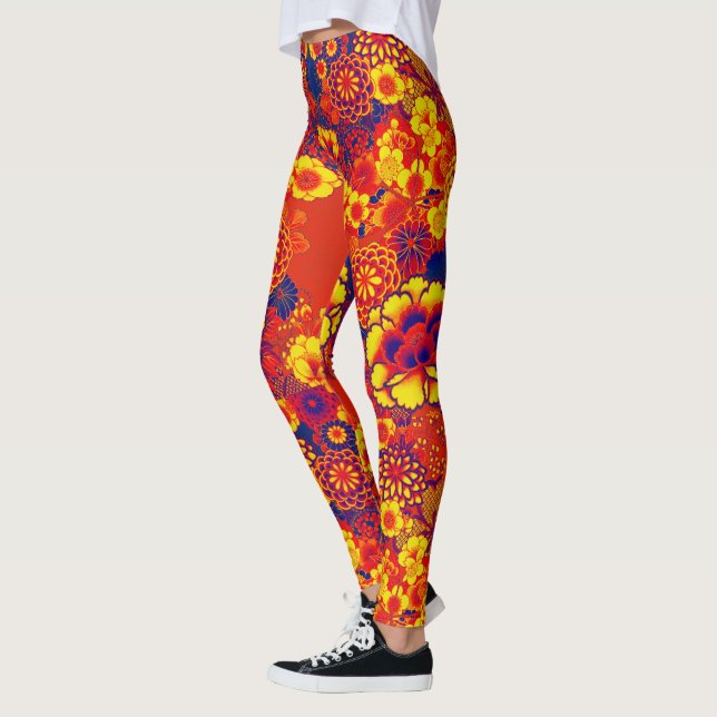 Leggings ORANGE FLEURS JAUNES Peony, Floral japonais Rose (Gauche)