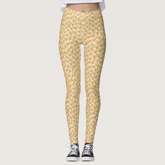 Leggings Orange Floral les années 70 rétro (Devant)