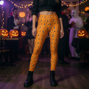 Leggings Orange Halloween avec Sorcières et Chats Noirs