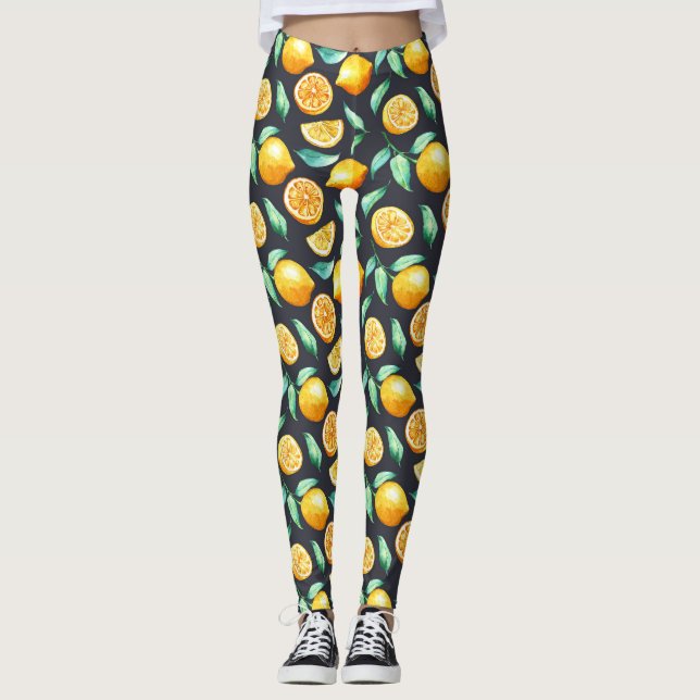 Leggings Orange Lemons Vert Feuille Noir (Devant)