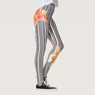 Leggings Orange noire/blanche de rayures verticales fleurit