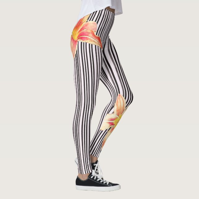 Leggings Orange noire/blanche de rayures verticales fleurit (Droite)