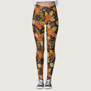 Leggings Orange rétro, Jaune & Marine Floral