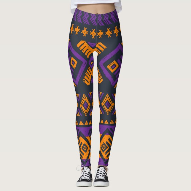 Leggings Orange, violet tribale géométrique sans couture mo (Devant)