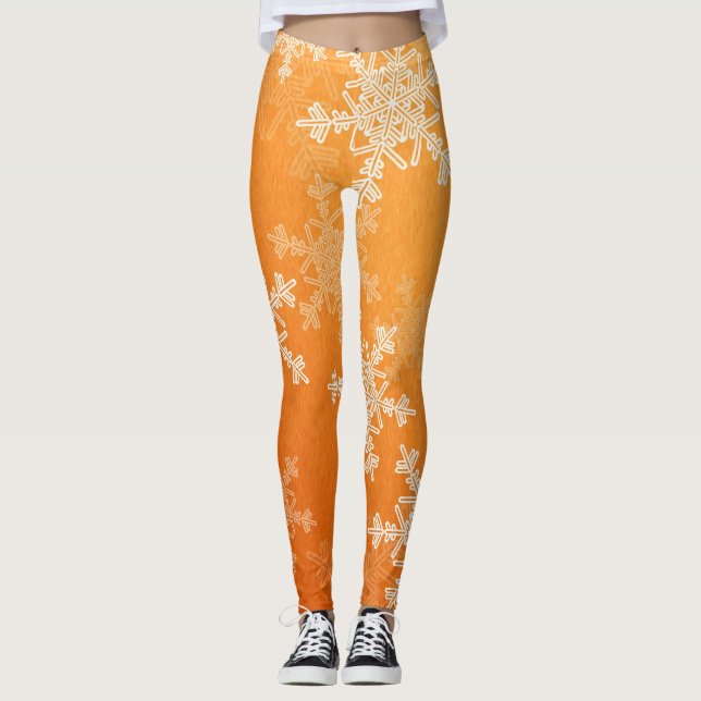 Leggings Orange White Snowflakes minimaliste Noël (Devant)