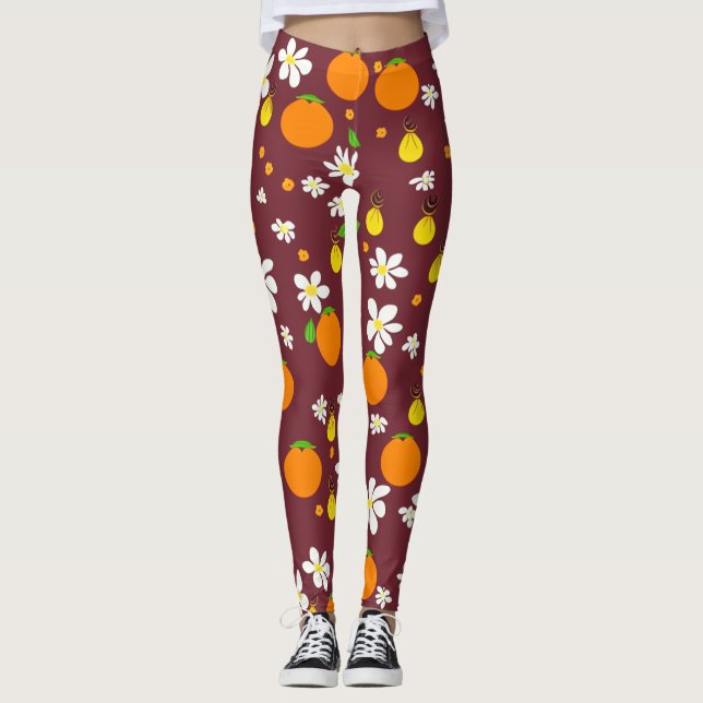 Leggings Oranges de style japonais et Motif de fleurs d'ora (Devant)
