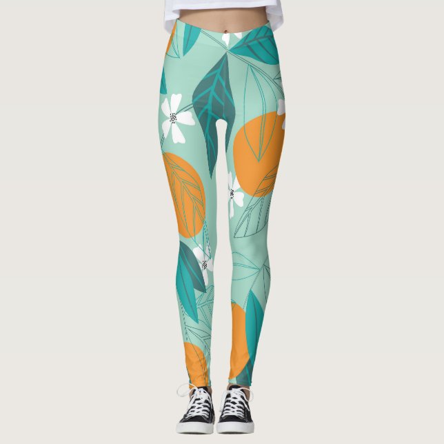 Leggings Oranges en fleurs, feuille, art vintage. (Devant)