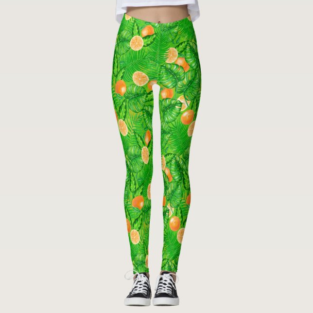 Leggings Oranges et feuilles tropicaux (Devant)