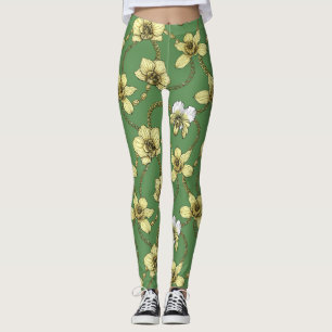 Leggings Orchidées et chaînes, jaune et vert kelly