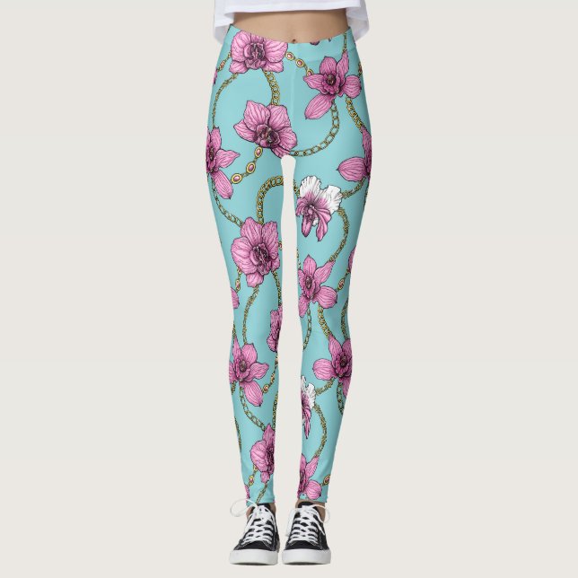 Leggings Orchidées et chaînes, roses et bleues (Devant)