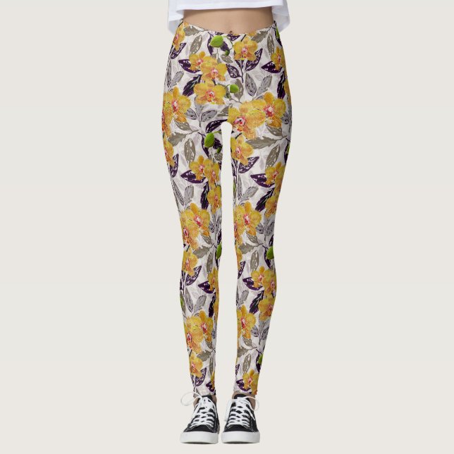 Leggings Orchidées jaunes oranges. (Devant)