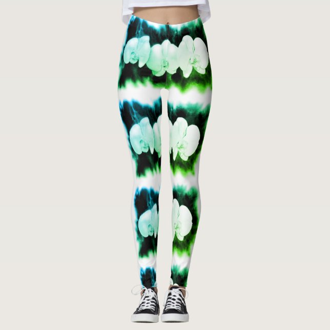 Leggings Orchidées sarcelle et bleu (Devant)