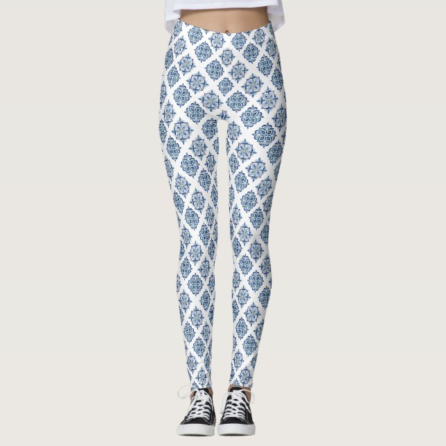 Leggings Ornement brodé bleu sur blanc (Devant)