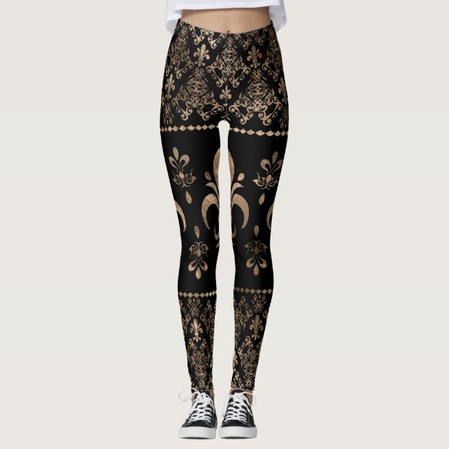 Leggings Ornement de luxe en noir et or Fleur de lis (Devant)