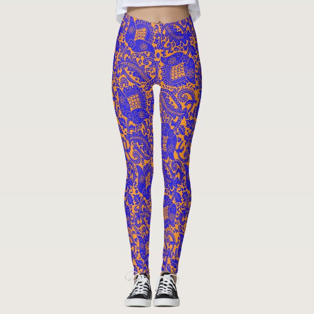 Leggings Ornement floral unique médiéval Cobalt Bleu Orange (Devant)
