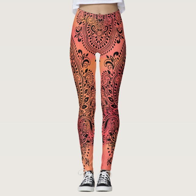 Leggings Ornement Noir En Peau Sur Arrière - plan Rose & Ja (Devant)