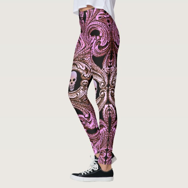 Leggings Ornement rose Goth avec crâne (Gauche)