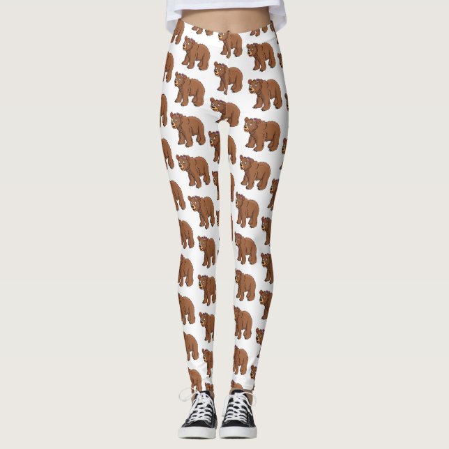 Leggings Ours mignon avec dessin animé sur les fleurs (Devant)