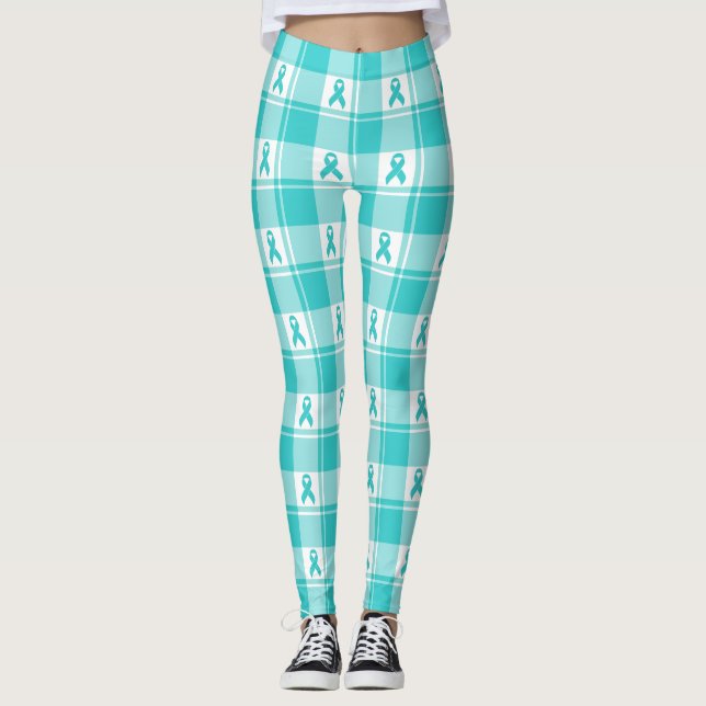 Leggings Ovarian Cancer Awareness Plaid Teal Ribbon (Devant)