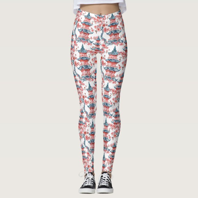 Leggings Pagode orientale Art rouge de fleur de cerisier (Devant)