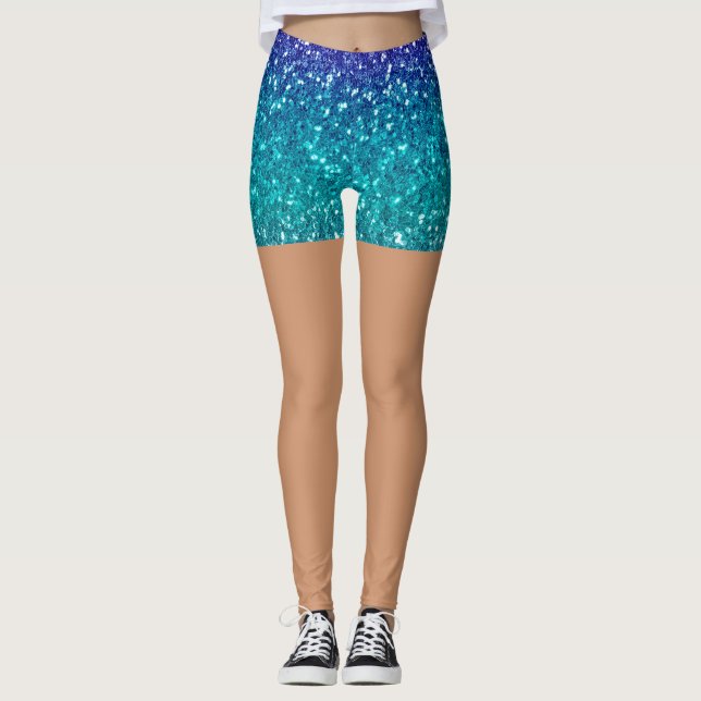 Leggings Pailleté Bleu Sarcelle Ton Peau Femme  (Devant)