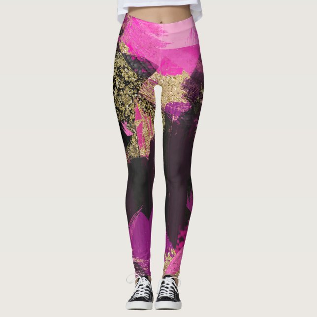 Leggings Pailleté or noir rose Moderne Pinceau Glam Grunge (Devant)