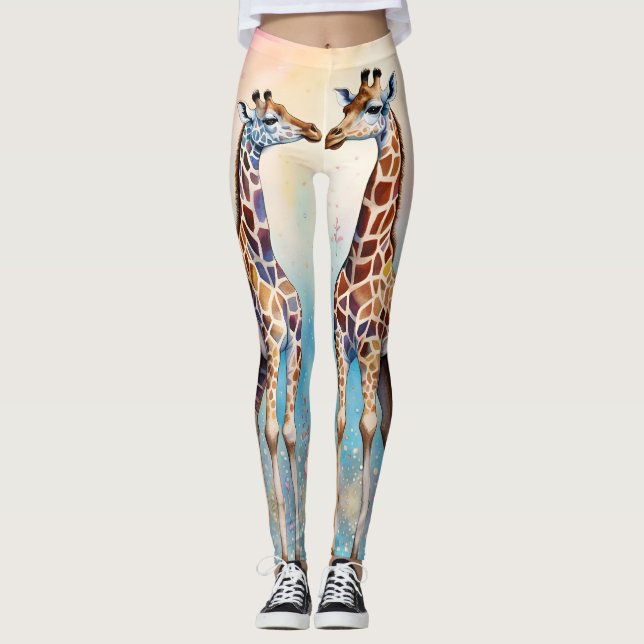 Leggings Paire de girafes en amour dans un jardin pastel (Devant)