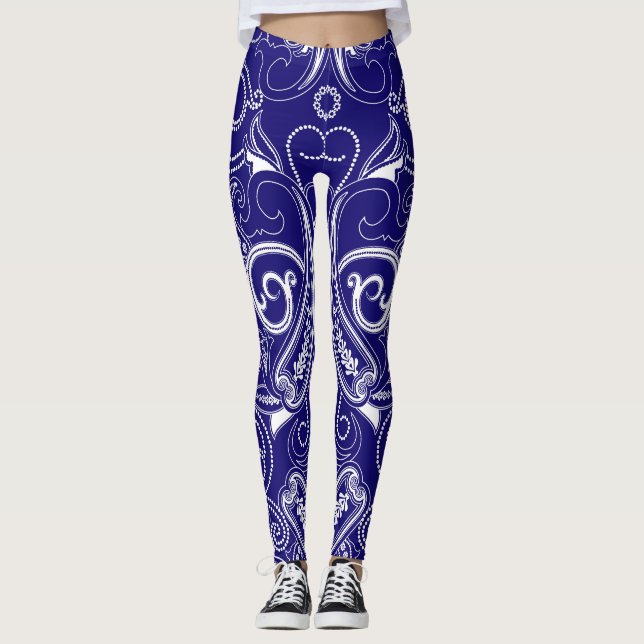 Leggings Paisley monochrome : bleu, blanc élégance. (Devant)