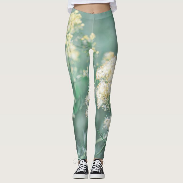 Leggings Pale Pastel Vert Jaune Fleurs de prairie Fluide (Devant)