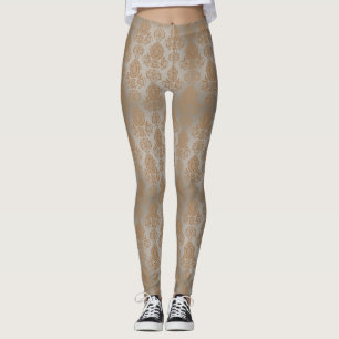 Leggings Pale Taupe Damask Filigree Scroll "Burnout Look"