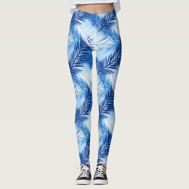 Leggings Palm Leaf Print, Cobalt, blanc et bleu ciel (Devant)
