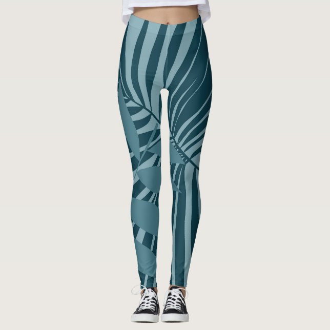 Leggings palme & feuille tropicale abstrait en gris vert bl (Devant)