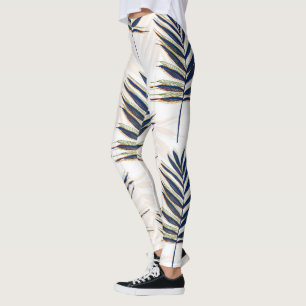 Leggings Palmier bleu moderne Feuille Gold Strots Blanc Des