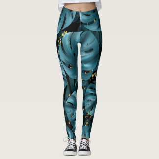 Leggings Palmier De Monstera, Plat D'Or Sans Couche.
