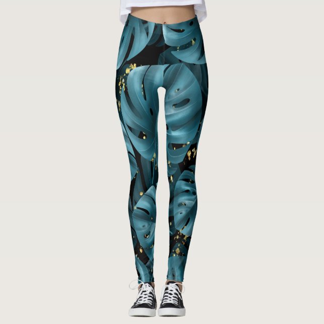 Leggings Palmier De Monstera, Plat D'Or Sans Couche. (Devant)