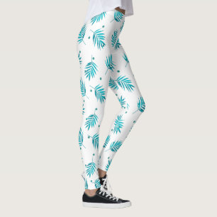 Leggings Palmier tropical bleu-vert et blanc motif feuille