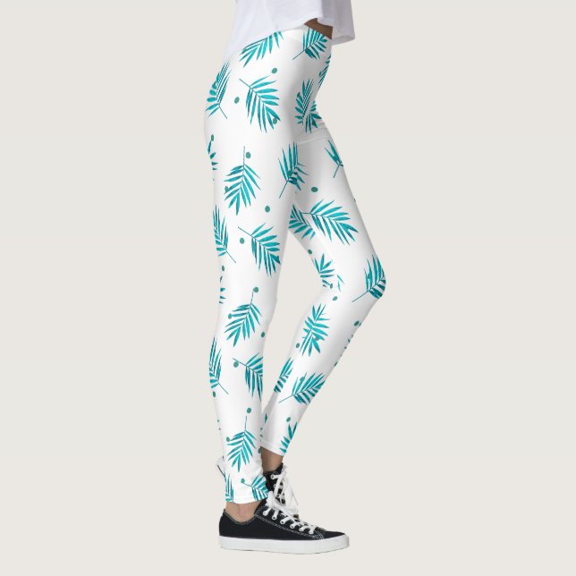 Leggings Palmier tropical bleu-vert et blanc motif feuille (Droite)
