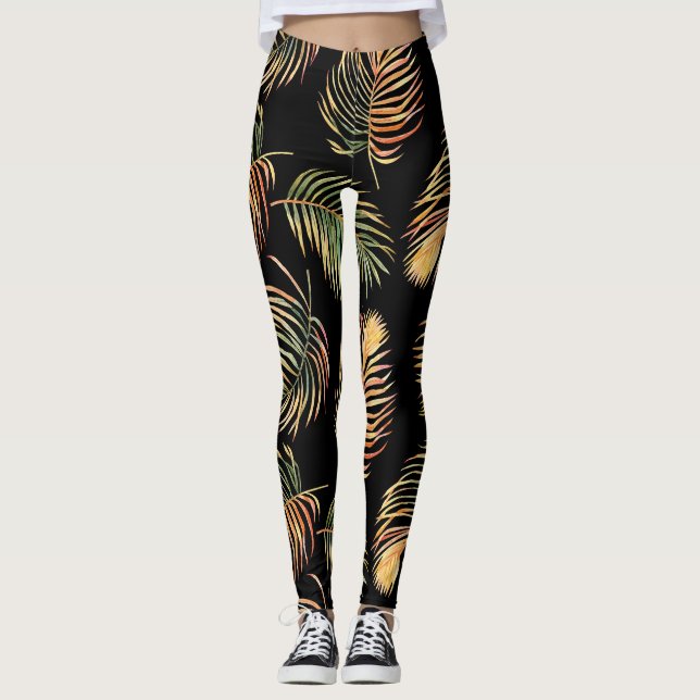 Leggings Palmiers Gold-Green : Aquarelle Motif sans couture (Devant)