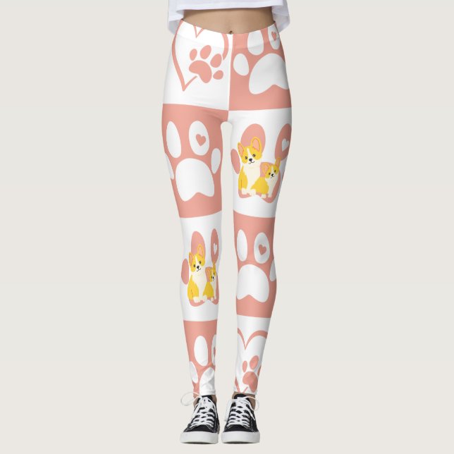 Leggings Paniers roses et Coeurs avec Corgis (Devant)