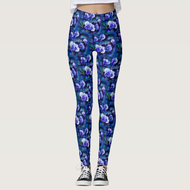 Leggings Pansies Bleues Fleur Pansy Floral Turquoise "Amour (Devant)