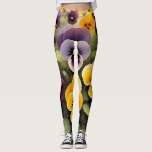 Leggings Pansies jaunes et violets aquarelle